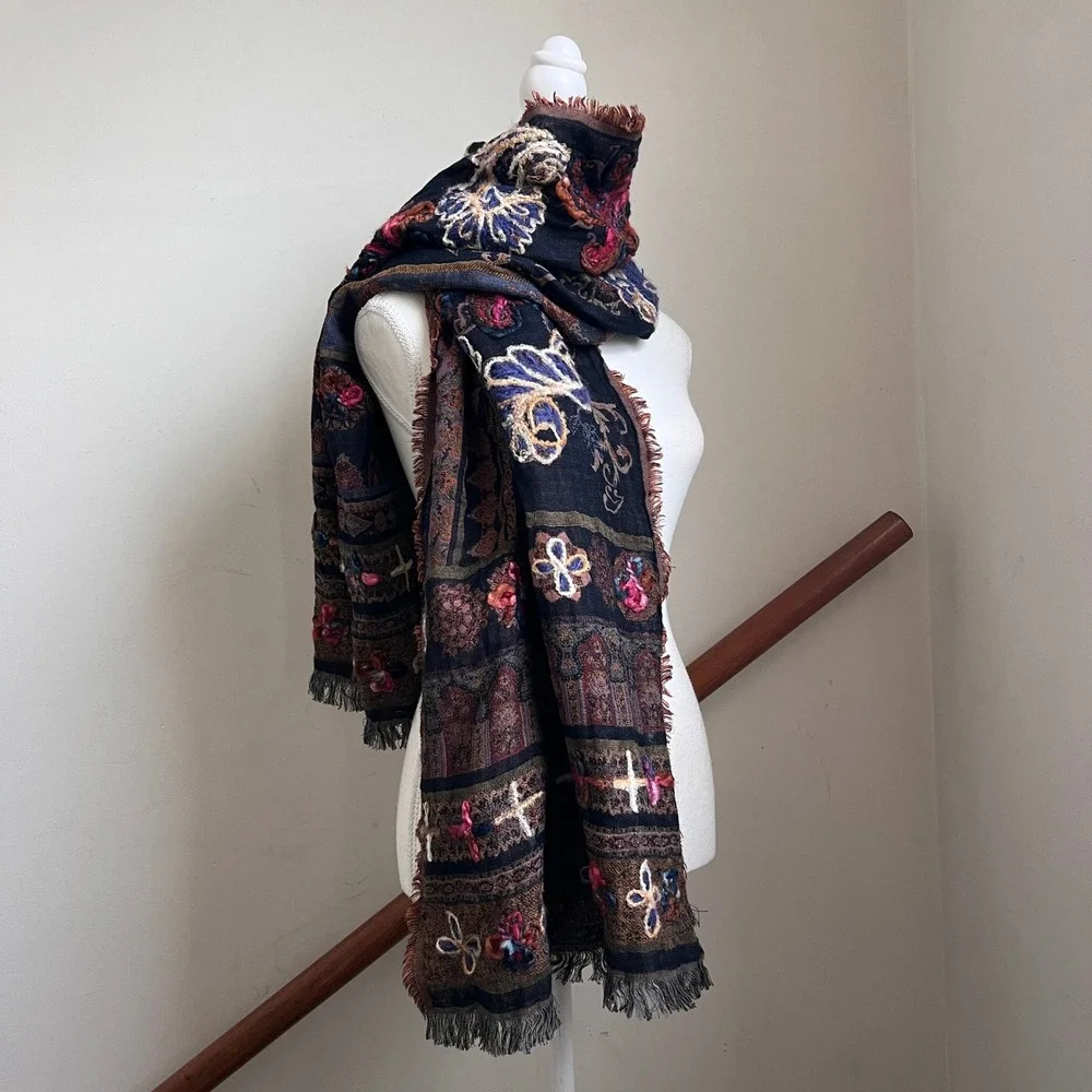 Vintage Boho Floral Tapestry Scarf Shawl Dark Artsy Forest Folk Chunky Wrap